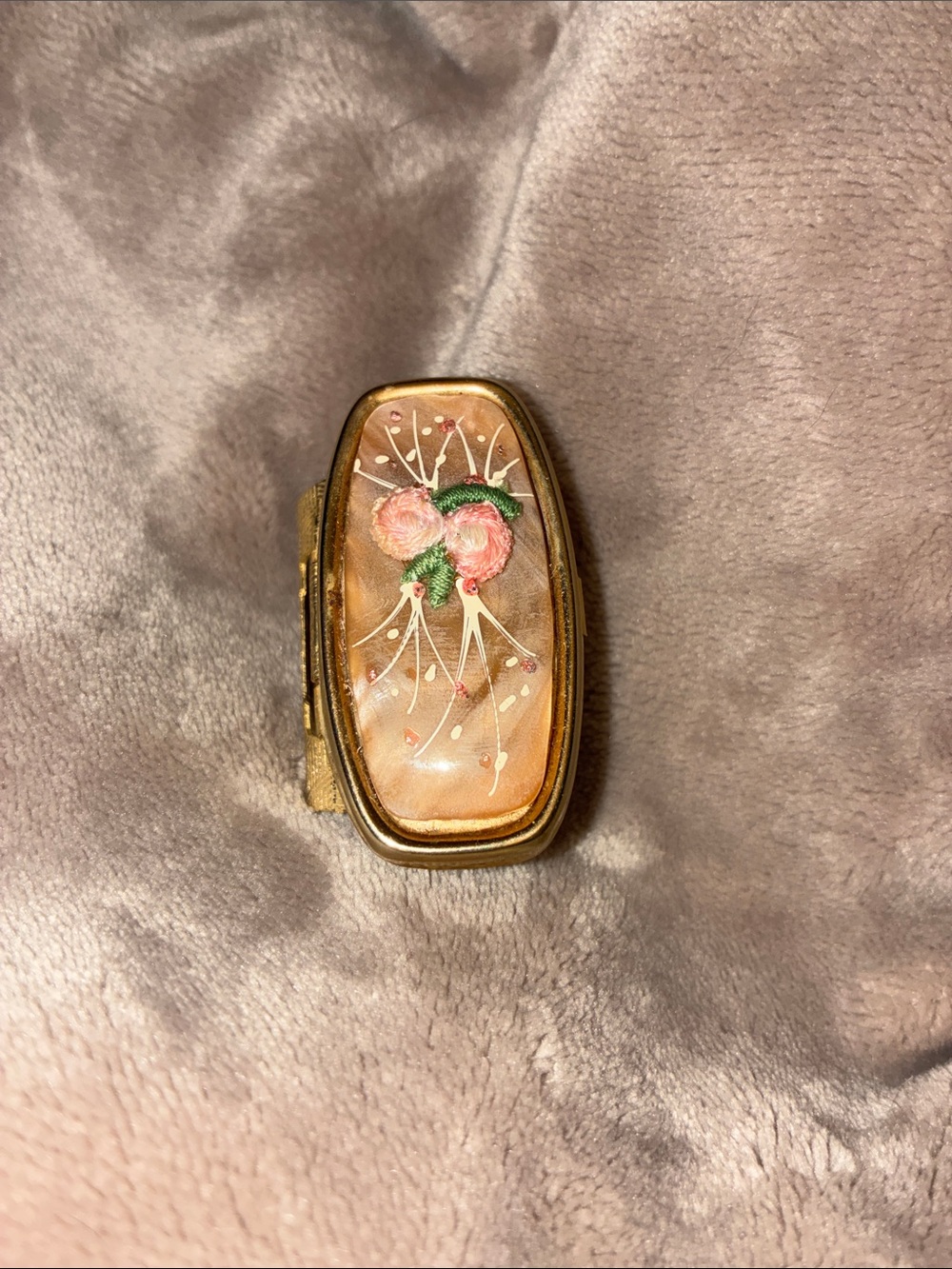Vintage Gold Tone Pink Floral lipstick holder /mirror Women Jewelry
